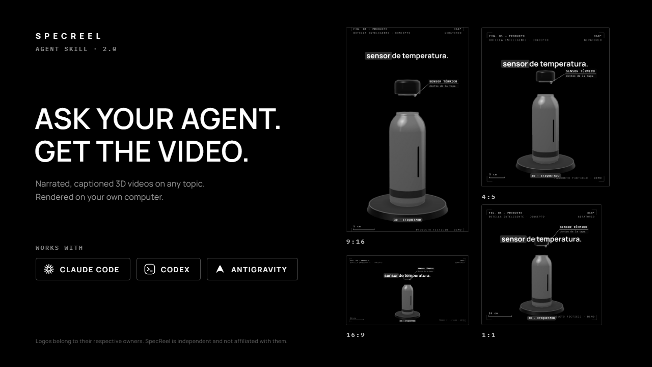 SpecReel: pide un video a tu agente y recibe el video terminado, compatible con Claude Code y Codex