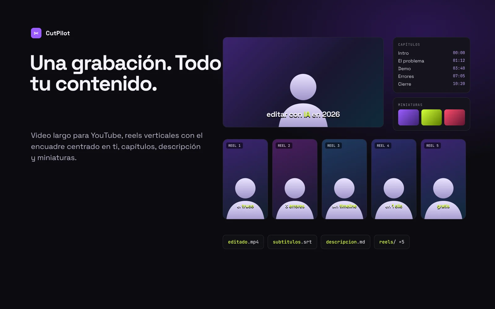 CutPilot: video largo, 5 reels verticales, capítulos y subtítulos desde una grabación