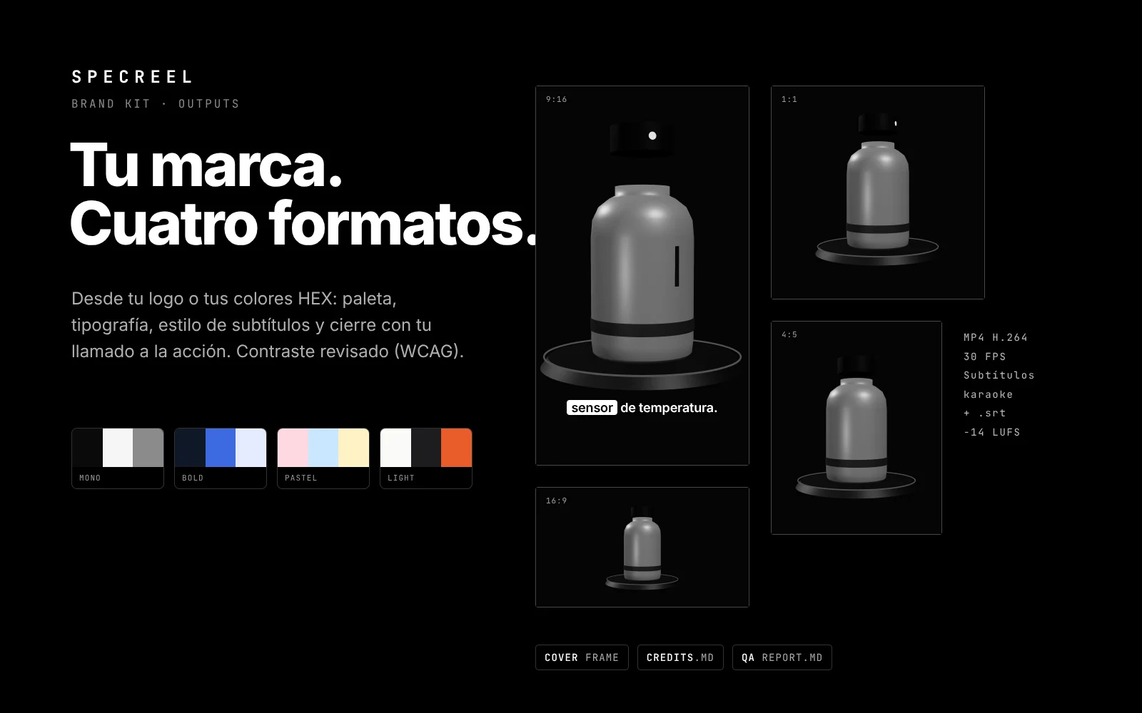 SpecReel: kit de marca y salida en 9:16, 1:1, 4:5 y 16:9